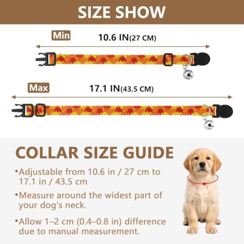 Autumn Maple Leaf Yellow Collar with Bell for Dog Puppy 2 Pack Small Dog Collar Adjustable Length 10.6" to 17.1"