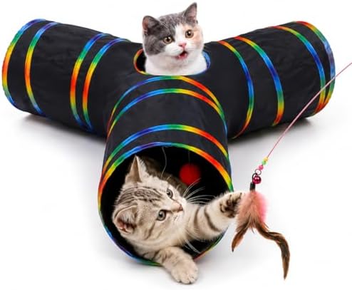 Cat Tunnels Tube Toy with Plush Ball & Cat Wand Feather Toys-Portable Tattaff Waterproof Washable-Interesting Geometric Pattern Collapsible-3 Way Black Rainbow