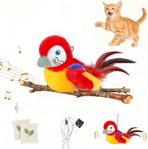 Cat Toys Flapping Bird(Cannot Fly), Electric Simulated Chirping Bird Interactive Kitten Toy with Flappy Wings, Rechargeable Touch Activated Toy with Catnip and Feather for Indoor Cats - Red