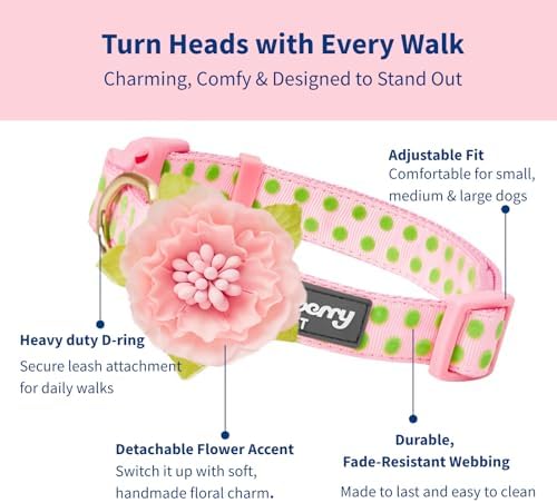 Blueberry Pet Adjustable Flocking Dog Collar with Silk Flower, Polka Dot in Baby Pink, Large - Dog Collars for Small Dogs, Girl Dog Collars, Pink Dog Collar, Neck 18-26"