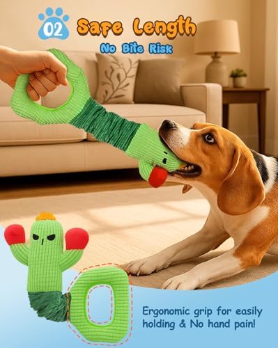 Swooflia Tug of War Dog Toy-Squeaky Plush Tug a War Dog Toy for Medium Large Breed Dogs to Keep Them Busy, Interactive Crinkle Doggie Toy, Cute Cactus with Soft Long Pull Handle