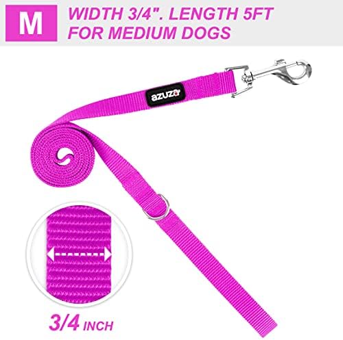 azuza Nylon Dog Collar and Leash Set, Strong & Durable Basic Style Leash and Collar with ID Tag Ring, Available in Multiple Lengths for Medium Dogs, Purple,M