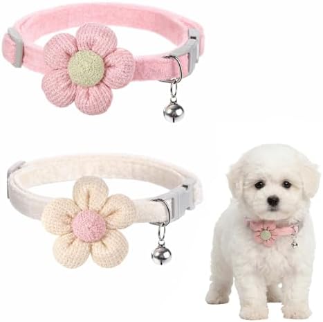 2 Pack Small Floral Dog Collar with Bell, Puppy Collar with Flower