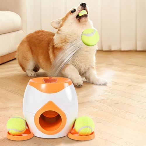 Interactive Dog Training Toy, Dog Tennis Ball Food Reward Machine with Automatic Treat Dispenser, Rechargeable Tennis Ball Throwing Machine for Small to Medium Dogs (Orange)