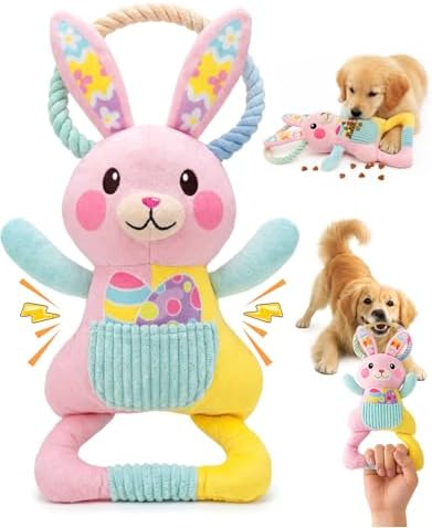 Swooflia Easter Tug of War Dog Toy - Squeaky Plush Dog Toy for Small Medium Dogs to Keep Busy, Interactive Crinkle Doggie Toy Cute Bunny with Soft Long Pull Handle (Not for Big & Aggressive Chewer)