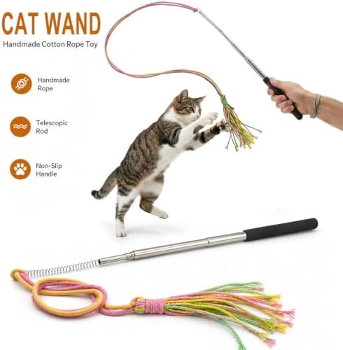 Interactive Cat Wand Toy Set for Indoor Cats, 2 Retractable Teaser Wands with Extra Long String, Handmade Sisal Rope Toys, Worm Refills, Catnip Mouse,11Pack