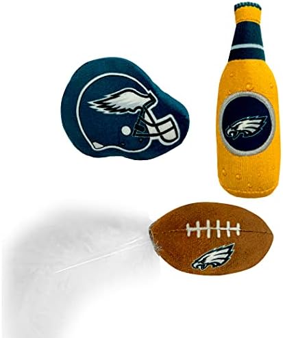 BEST PLUSH CAT TOY NFL PHILADELPHIA EAGLES Complete Set of 3 piece Cat Toys filled with Fresh Catnip. Includes: 1 Helmet Cat Toy, 1 Football Cat Toy with Feathers & 1 Beer Bottle. Beautiful Team LOGOS
