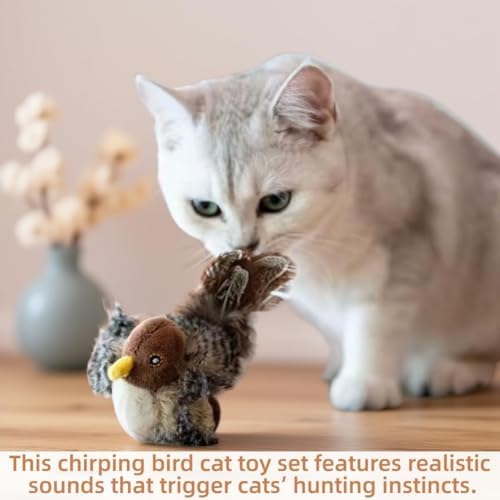 Chirping Bird Cat Toy Set,Automatic Interactive Flying Bird Toy for Cats with Flapping Wings and Realistic Sounds,Simulated Chirping Motion Activated Kitten Play Toy with Feather Tail for Cat Exercise