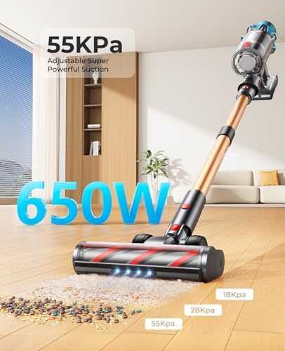 Cordless Vacuum Cleaner 650W 55Kpa 70 Mins(Eco), Stick Vacuum Cleaners | Rechargeable, 3.3Ft Hose, Sofa Brush, TouchScreen, AUTO-Mode, Wall Mount Charging, Vacuum for Home /Floors/Carpets/Pet Hair