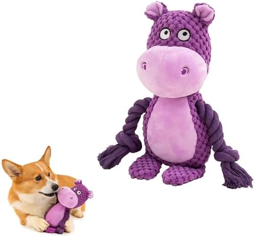 Plush Hippo Dog Toy with Squeaker and Crinkle Paper for Puppies