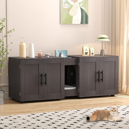Cat Litter Box Enclosure for 2 Cats,55" Large Hidden Litter Box Furniture with Barn Door & Double Rooms,Modern Indoor Pet House TV Stand Side Table,Cats Washroom,for Bedroom Living Room,Walnut