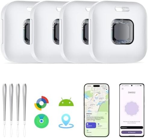 Hoxe Air Tracker Tags-4 Pack for iOS & Android, Smart Tag for Key, Bag, Pet | Dual System Luggage Tracker Compatible with Apple Find My & Google Find Hub App, Bluetooth Key Finder Replaceable Battery