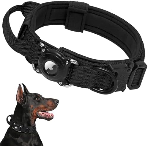 2026 New and Improved AirTag Dog Collar, Military Tactical Dog Collar with Integrated AirTag Holder-Adjustable Control Handle, Durable Metal Buckle,Comfortable GPS Dog Collars (Black, L (17"-20.5"))