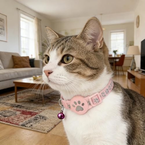 GPS Cat Collar Tracker, Smart Tag Waterproof for Find My, No Monthly Fee Advanced Tracking Solution for Small and Large Cats, Pet Device (Pink_A)