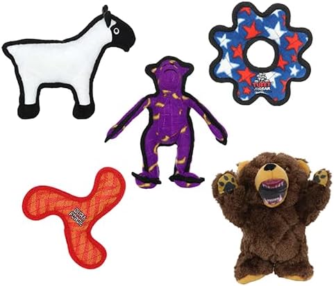 TUFFY® 5 Pack Jr Monkey, Sheep, Gear Ring, Boomerang & Bear Plush Dog Toys