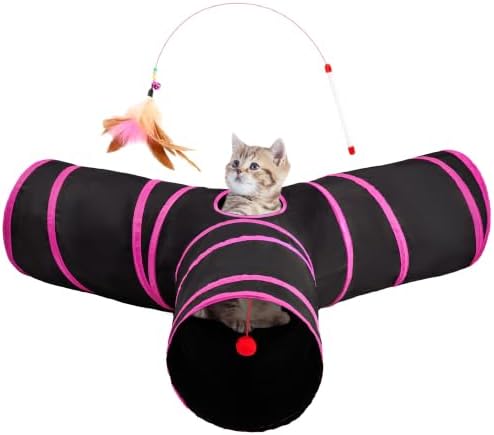 Tempcore Cat Tunnel, 3-Way Collapsible Toy, Large Size Black & Rose Red