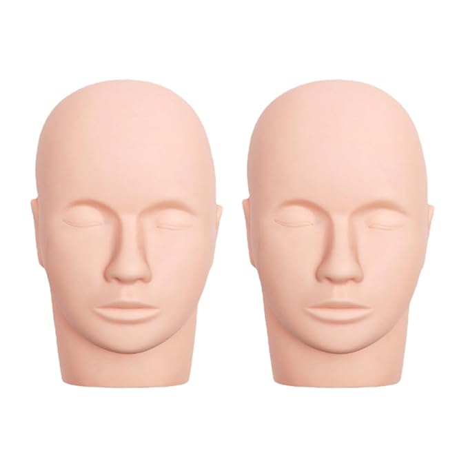 Lash Mannequin Head, Pro Training Mannequins Flat Head Soft Touch Silicone Practice Make Up Eyelash Extensions Massage Model Manikin Cosmetology Doll Face Head 2 Pack Skin Colour