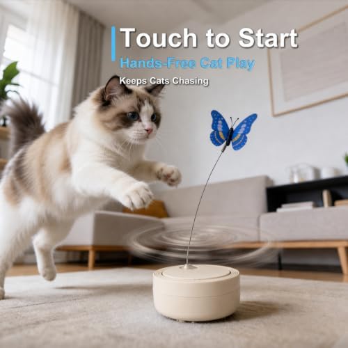 Interactive Butterfly Cat Toy for Indoor Cats, 360° Rotating Wand, Beige
