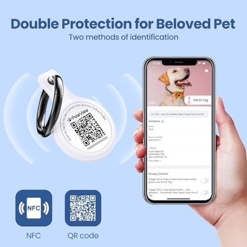 Dog ID Tag with QR Code & NFC, Silent Silicone Dog Name Tags Personalized for Pets- Scan QR for Instant Location Alert, Emergency Contact and Modifiable Pet Profile (White)