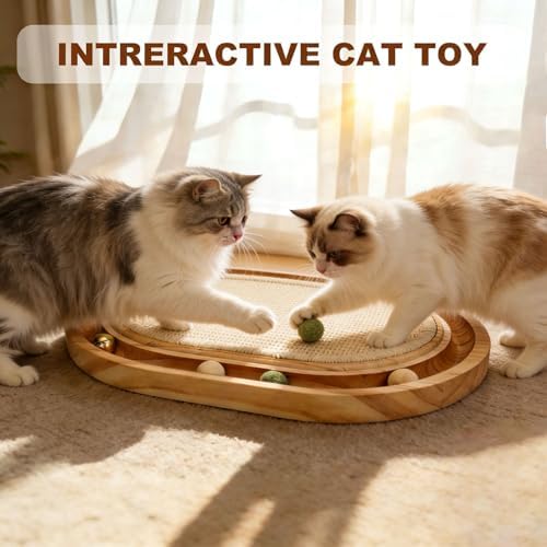 Cat Scratcher Toy with Ball Track, Kitten Interactive Toy, Natural Sisal Cat Scratch Pad for Indoor Cats, Sturdy Solid Wood Frame, Physical Exercise for Kitty & Medium Cat