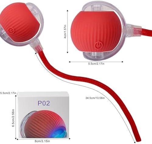 Interactive Cat Dog Toy Ball: Indoor Automatic Moving Smart Rolling Fun Pet Game with Led Light and Tail for Motion Activated, Kitten Puppy Present, Chase Exercise, Hunting Simulation-Upgrade (Red)