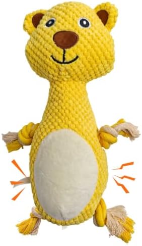 Yellow Bear Plush Chew Dog Toy, 13.4 in, Squeaker and Rope