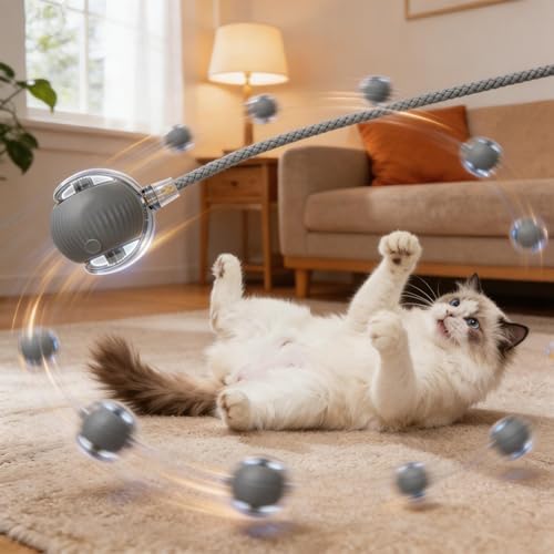 Interactive Smart Wake Pet Ball with Teaser Tail for Cats & Dogs(Gray)
