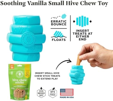 Hive Chew Toy for S/M Dogs – Blue/Soothing Vanilla Scent – Chew, Fetch, & Treat-Dispensing Enrichment Toy, Floats, Made in USA, Pairs with Hive Chew Sticks for S/M Dogs for Longer-Lasting Play