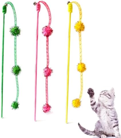 IUHKBH Cat Wands, 3 PCS Mesh Tube Teaser Toys with Fur Ball Cute Aesthetic Kitten Wand Interactive Cat Toy for All Breed Sizes