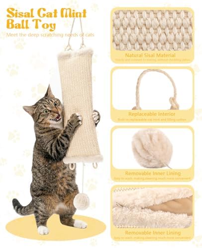 16.5 Inch Sisal Catnip Pillow Toy Kickers, Washable Sisal Cover, Interactive Cat Toys with Sisals Balls for Indoor Scratching, Chewing & Teething, Fun for Kittens and Adult Cats (Beige)