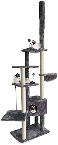 Furhaven 100"-113" Tall Cat Tree for Indoor Cats w/ Adjustable Height, Ft. Sisal Scratching Posts, Condo, & Toys - Tiger Tough Skyscraper Interactive Playground Tower - Gray, One Size