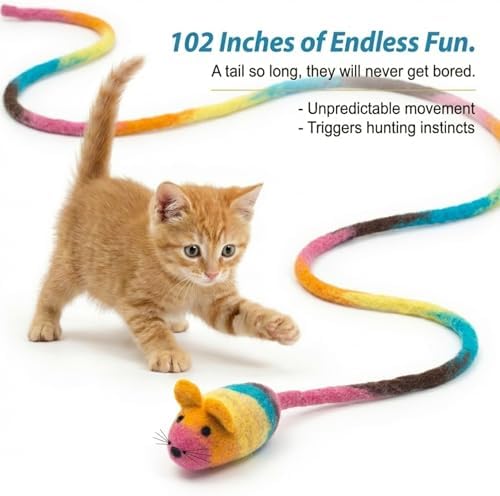 Glaciart One Felt Mouse Cat Toy – Soft Fuzzy Enrichment 100% Natural Wool - Interactive Catnip Play Cat Toy Set - Safe for Pets, Non-AZO Colored Dyes - 100” Long