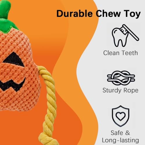Orange Pumpkin Squeaky Plush Dog Chew Toy, 10.6 in Rope Crinkle Toy