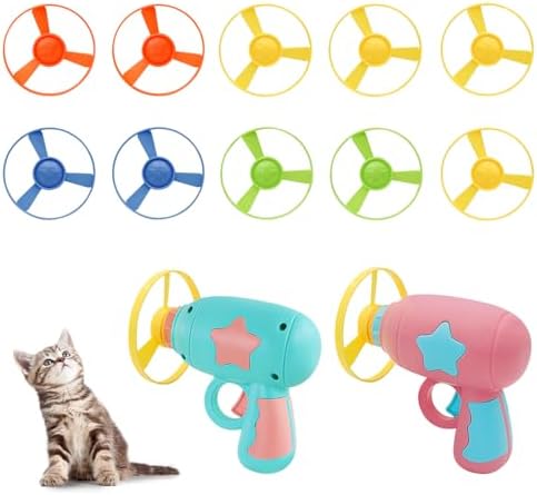 Andiker Cat Fetch Toy, Interactive Kitten Flying Disc Launcher Toy with 5 Colorful Flying Propellers for Cat Enrichment, Flying Saucer Toy for Cats for Training and Chasing (Blue+Pink(10pcs))