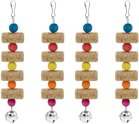 4Pcs Bird Chewing Toy, Parrot Cork Gnawing Skewers With Bell, Hanging Colorful Wooden Bead Cockatiels Beak Trimming for Birdcage (Four Packs-Bell Parrot Toy)