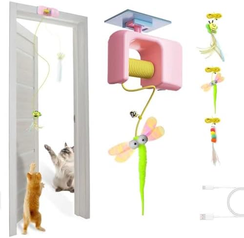 Automatic Interactive Hanging Rope Cat Toy,3 Feather Refills,Pink