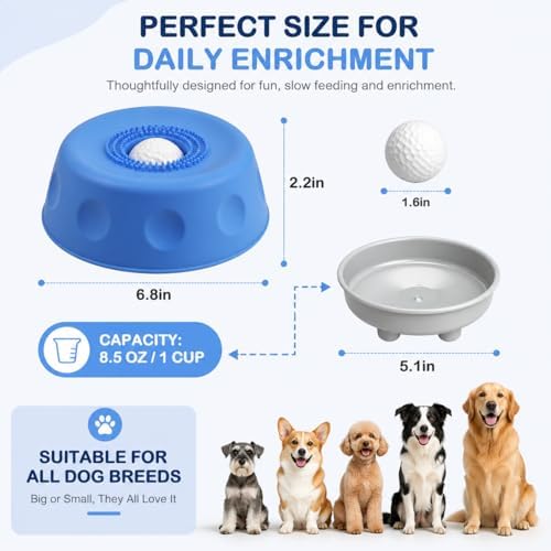 Dog Lick Bowl with Rolling Ball, Slow Feeder Dog Bowl, Interactive Dog Puzzle Feeder for Slow Eating, Lick Mat Alternative, Food Dispensing Enrichment Toy for Dogs (Blue)
