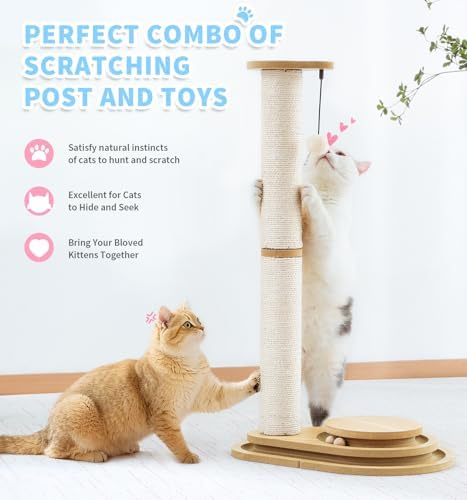 Made4Pets Tall Cat Scratching Post for Indoor Cats with Ball Track 32"
