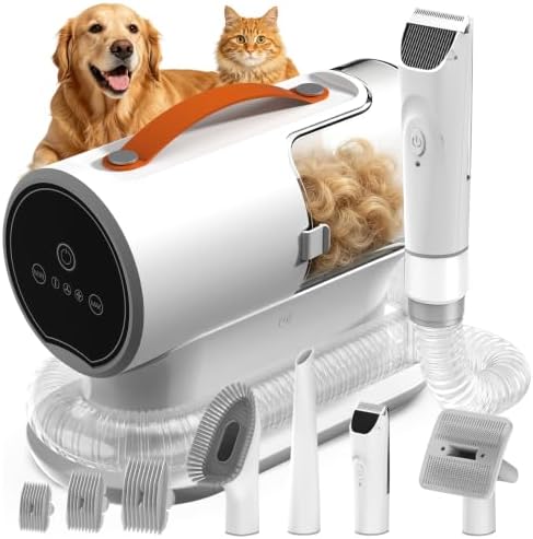 Dog Grooming Vacuum Kit, 12000Pa Pet Hair Vacuum with Clipper | 2L Dust Cup, Low Noise, 5-in-1 Grooming Kit with Clipper & Cleaning Brush for Home Shedding and Trimming, PG100
