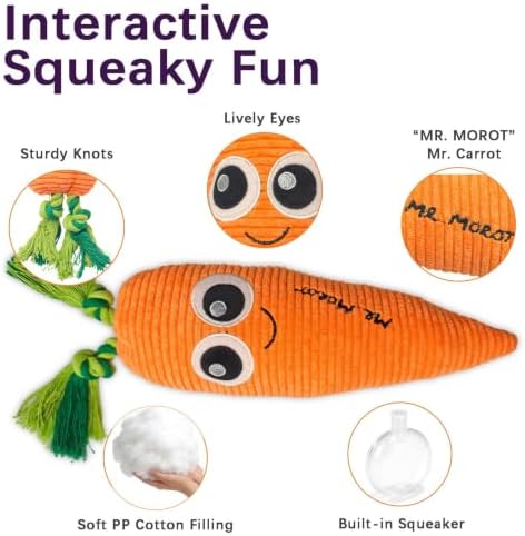 Orange Carrot Squeaky Plush Dog Chew Toy, 15.7 in Durable Rope Toy