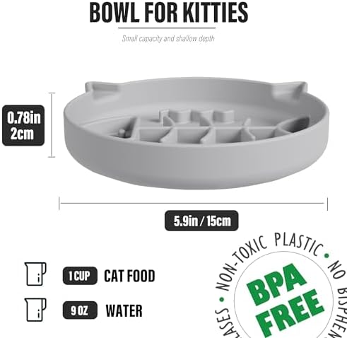 Silicone Cat Slow Feeder Bowl with Suction Cups - Interactive Puzzle Toy to Reduce Overeating in Kitty(Gray, 1 Cup)