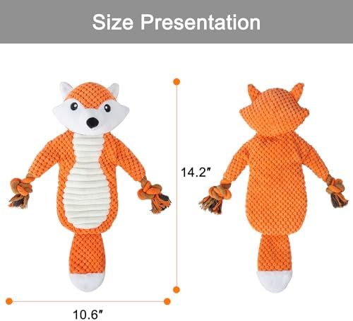 No Stuffing Squeaky Dog Toys Plush Chew Toy for Small Medium Puppy Large Breed, Stuffless Cute Animal Plush Toy for Indoor Play, Tough Durable Teething Interactive Gift, Fox,Red