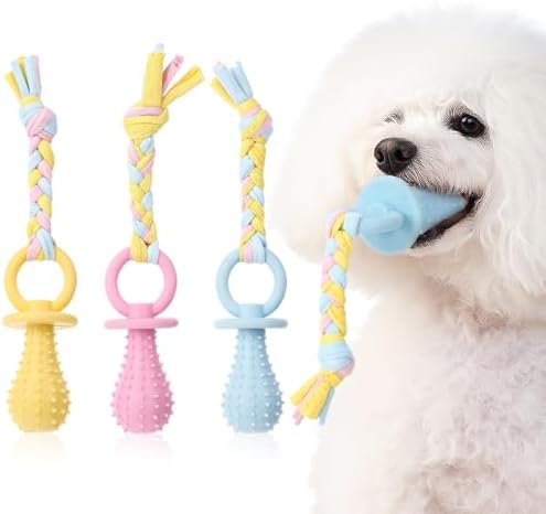 3Pcs Pet Molar Clean Teeth Rubber Toy, Dog Pacifier With Rope, Dog Chew Toys for Aggressive Chewers, Rubber Puppy Pacifier Chewing Playing Training Toys for Small Dogs & Adult Cat, 3 Cute Colors