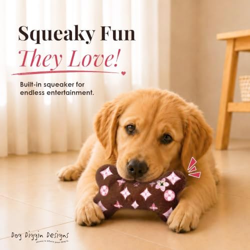 Dog Diggin Designs Chewy Vuiton Brown Blossom Plush Dog Toy Bone | Luxury-Inspired Parody Designer Bone with Squeaker, Soft Plush Chew & Play Dog Toy – Prêt-à-Porter Play!