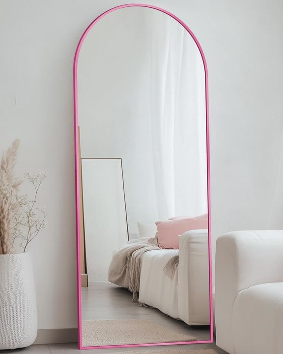 Antok 58" x19” Arched Full Length Floor Mirror, Pink Aluminum Frame, Free Standing/Wall Mount/Leaning for Bedroom, Living Room, Dressing Room