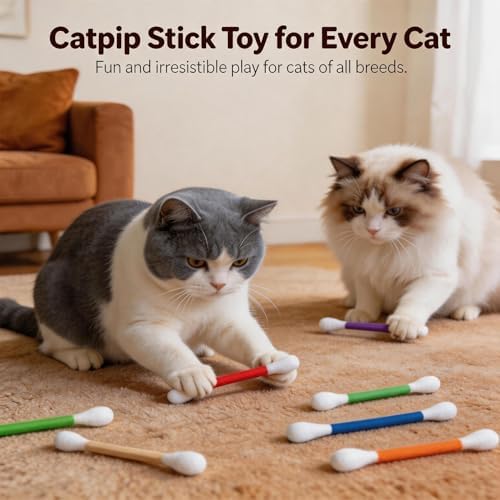 6Pack Cotton Swabs Cat Toys with Catnip, Giant Qtip Chew Sticks & Teething Ropes for Boredom Relief, Durable Interactive Felt Kitty Kicker Toy for Exercise.