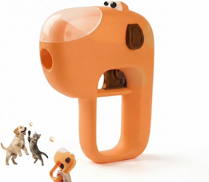 Interactive Dog Treat Launcher, Pet Food Catapult for Training & Enrichment, Portable Treat Shooter Toy for Puppy & Cat, Fits Round Dry Kibble, No Batteries Required (Orange)