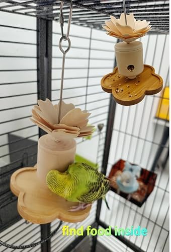 Bird Foraging Toy Set, Bamboo Feeding Station with Flower Treat Dispenser, Stainless Steel Skewers, Wood Construction, 9x5.5x2 Inches, for Small and Medium Parrots