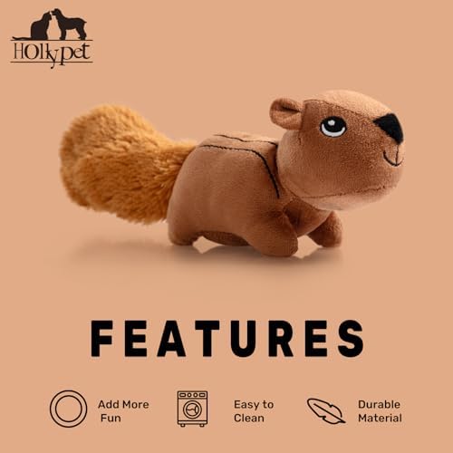 Hollypet Squeaky Plush Stuffed Durable Dog Toys, Cute Puppy Chew Toys for Small, Medium and Large Breed Dogs, Squirrel