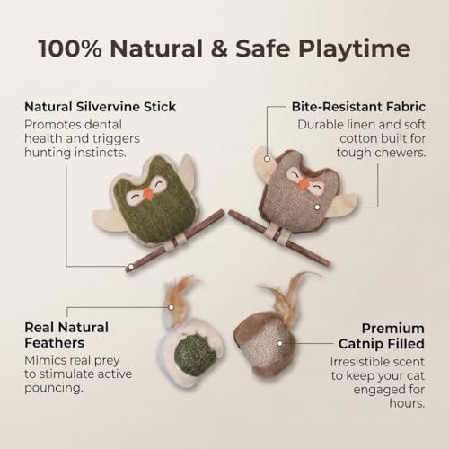 Catnip Silvervine Cat Toys, Owl Plush for Indoor Cats and Kittens, 4 Pack